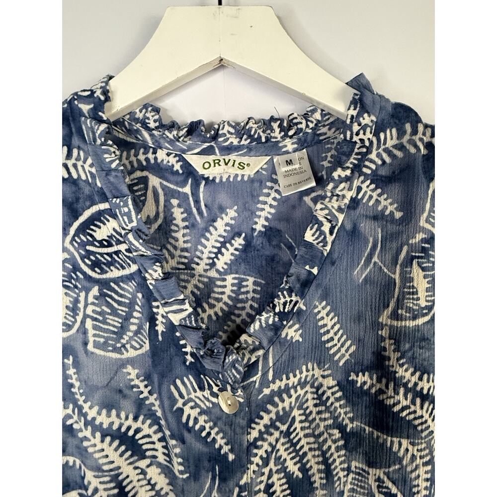 Vtg Orvis Floral Batik Pintuck Button Down Dress Sz M Blue Beachy‎ Vacation - Picture 4 of 12